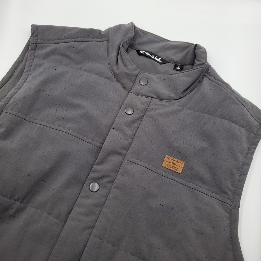 TravisMathew Mens Interlude Puffer Vest Charcoal Gray XL Snap Front Quilted Golf